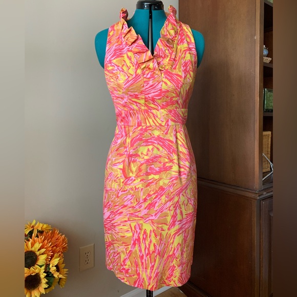 Just Taylor Dress Pink and Yellow v-neck ruffle - Picture 4 of 12